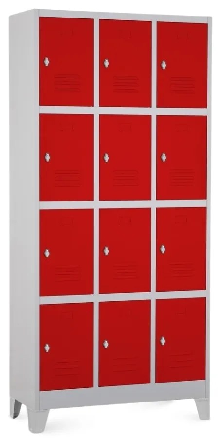 Fém szekrény - 12 doboz, 90 x 40 x 195 cm, fix lábakkal, lakathoz zár, piros - ral 3000