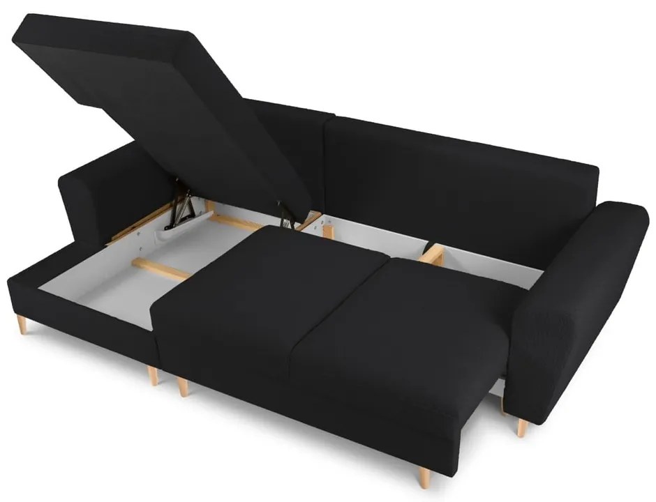 Fekete buklé kinyitható tárolóhelyes sarokkanapé (bal oldali-heverő résszel) Kyoto – Cosmopolitan Design