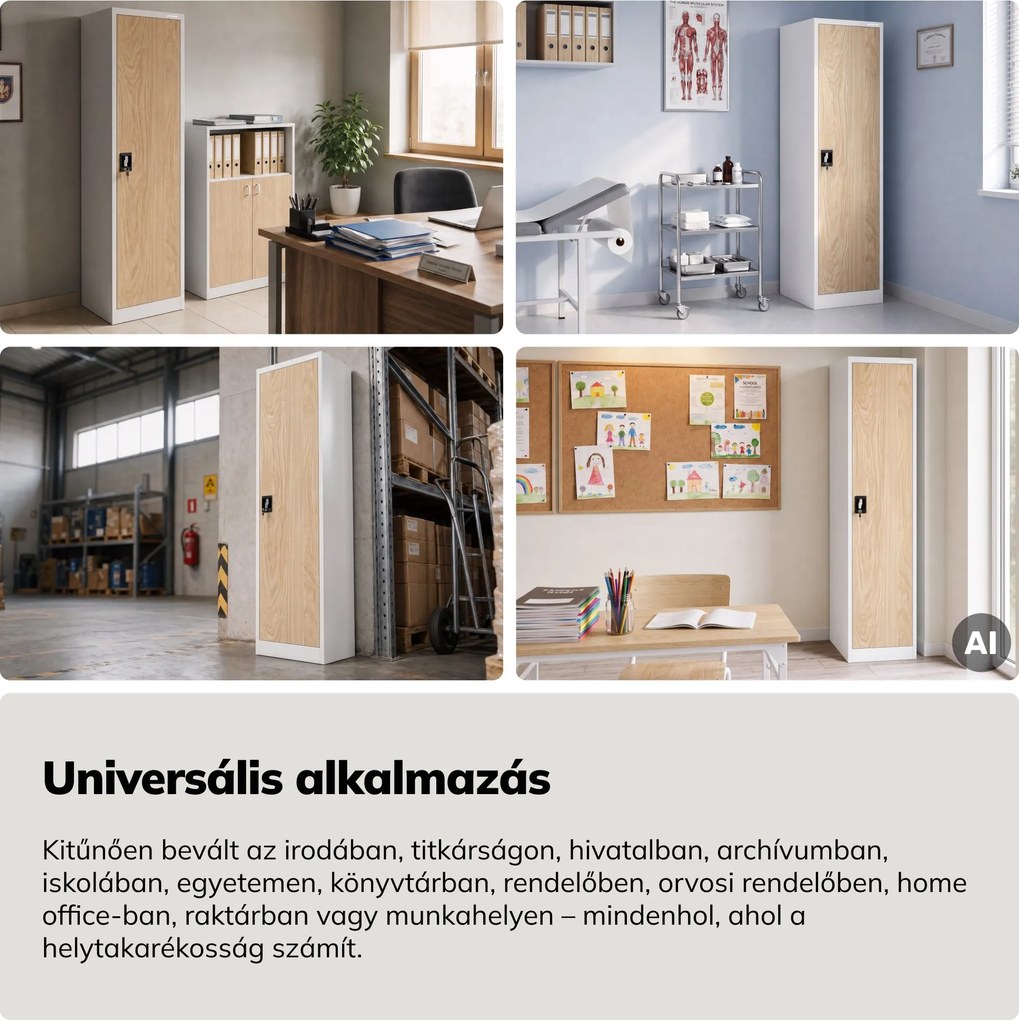 Fém irodai iratszekrény, fehér/sonoma tölgy, 450x1850x400 mm: ALEX Eco Design