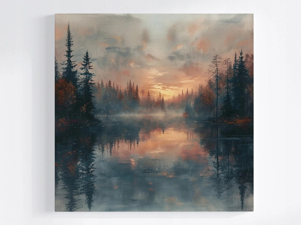 Vászonkép Canvas Tájkép Fák Tó Köd Nyugat Este 80x80