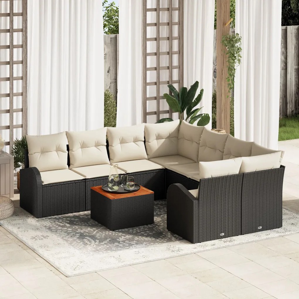 9 darabos Kert Sofa Készlet Párnákkal Fekete Poli Rattan Akác