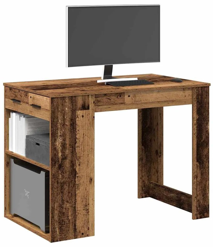 íróasztal fiókkal és polccal régi fa 102x62x77,5 cm gépelt fa