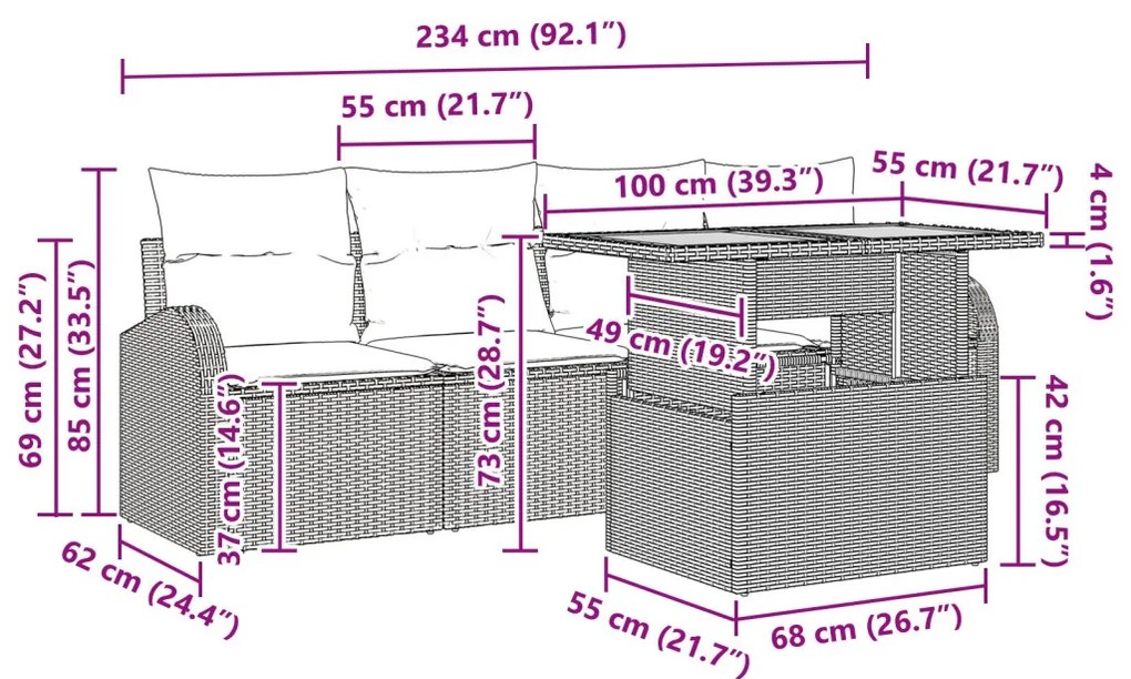 5 darabos Kerti Étkező Szett Párnákkal Bézs Poli Rattan Akácia