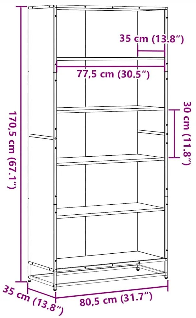 füstölt tölgy színű szerelt fa könyvespolc 80,5 x 35 x 170,5 cm