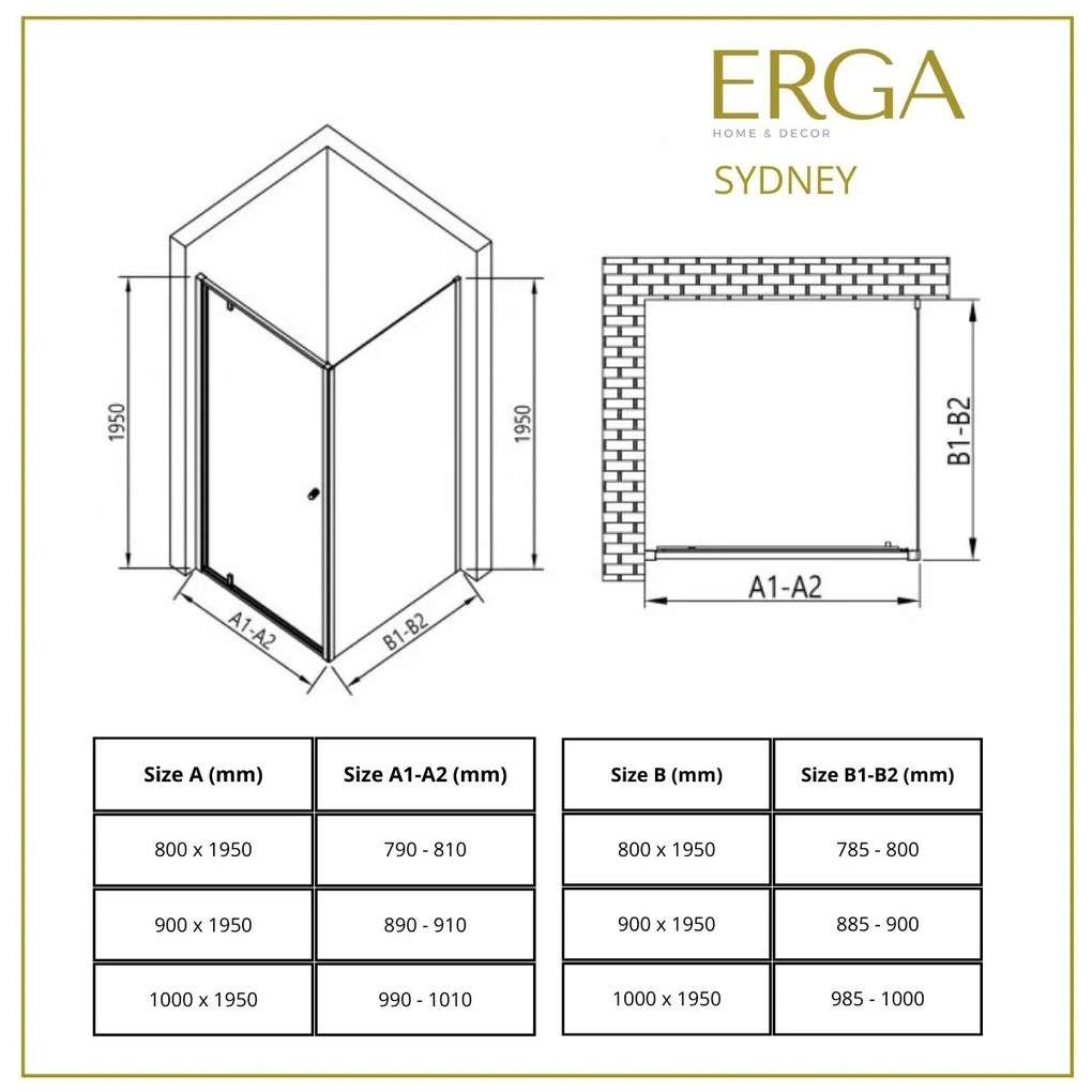 Erga Sydney, zuhanykabin egyszárnyú ajtóval 90 (ajtó) x 80 (fal) x 195 cm, 6mm átlátszó üveg, fekete profil, ERG-V02-SYDNEY-D090G080-BK