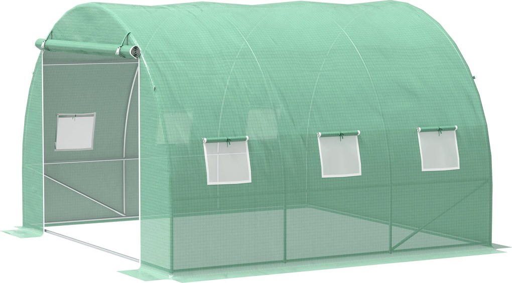 Outsunny 9 m²-es Kerti Üvegház, 3 x 3 x 2 m-es Kerti Túnel Üvegház Rolós Ajtóval és 6 Hálóablakkal, Acél és Magas Sűrűségű PE, UV-álló, Zöld | Aosom