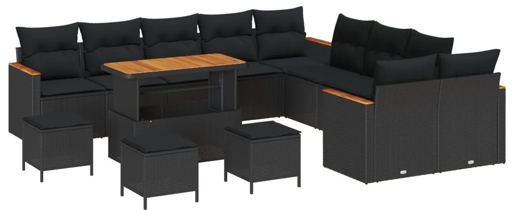 14 Részes Kert Sofa Készlet Párnákkal Fekete Poli Rattan Akácia