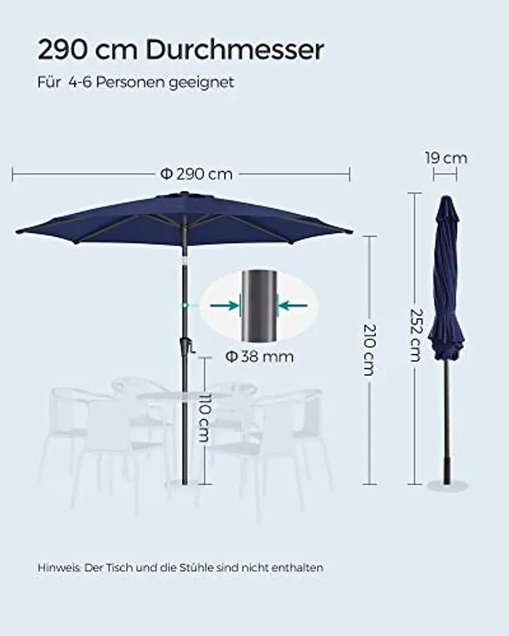 Napernyő teraszra, dönthető, kék, 290 cm átmérő