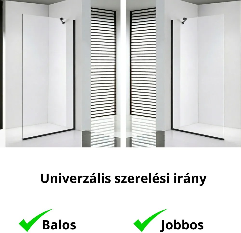 Stuxi Milano Easy Black Walk-in zuhanyfal, 140x200 cm, 8 mm vastag vízlepergető biztonsági üveggel, helytakarékos stabilizátorral