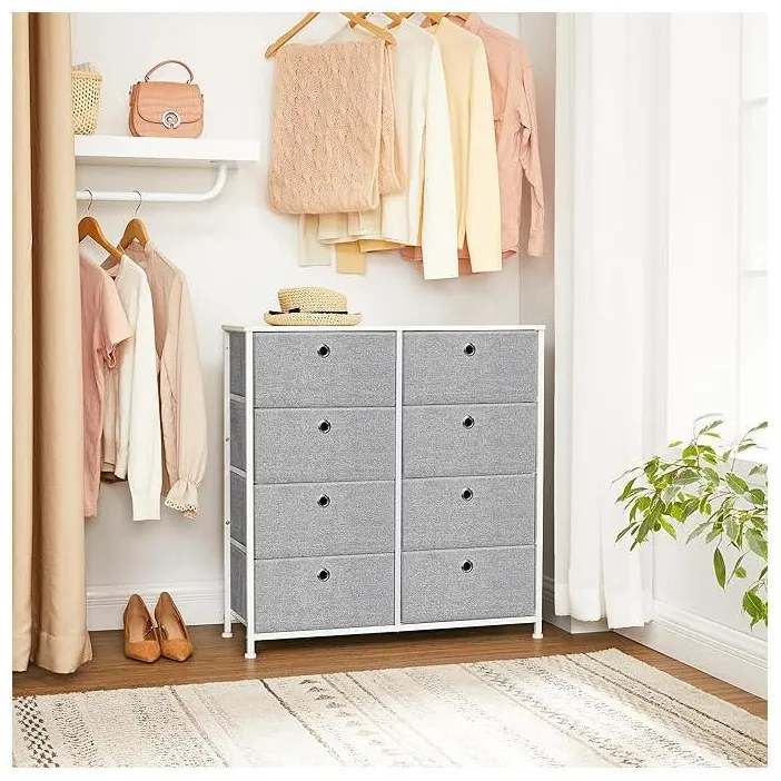 Komód, tárolóegység 8 könnyen kihúzható textilfiókkal, világosszürke és fehér színben