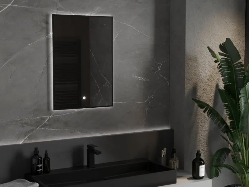 Mexen Erma 50 x 70 cm-es, LED 6000K világítású, páramentes fürdőszobai tükör, fekete keret - 9814-050-070-611-70