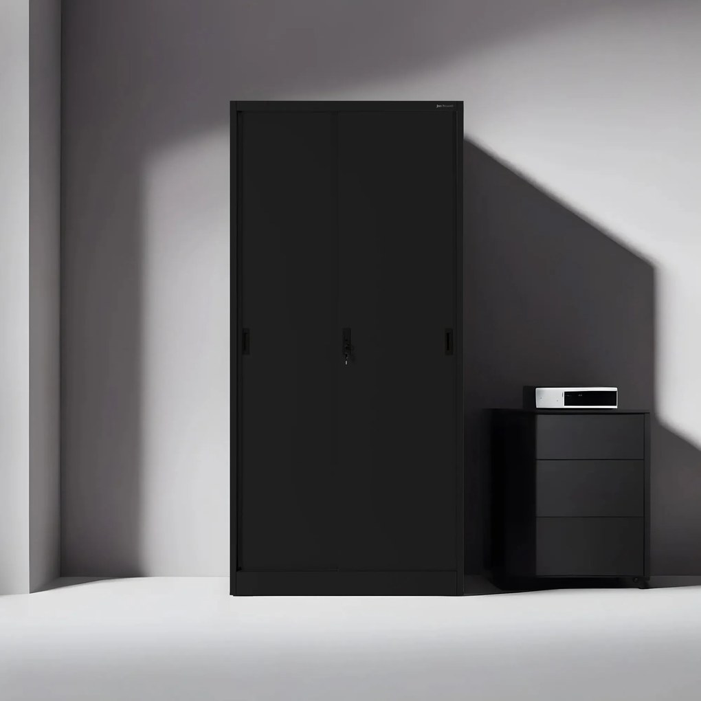 Fém irodai szekrény tolóajtókkal – KUBA, 900 x 1850 x 400 mm, fekete