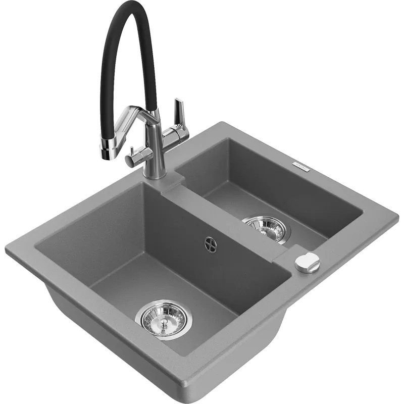Mexen Carlos gránit 1,5-medencés mosogató Duo konyhai csapteleppel, szürke - 6518-71-671701-07