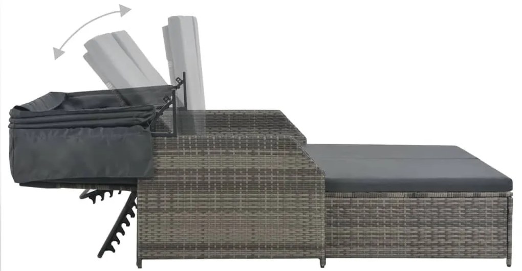 Szürke kétszemélyes polyrattan napozóágy napellenzővel