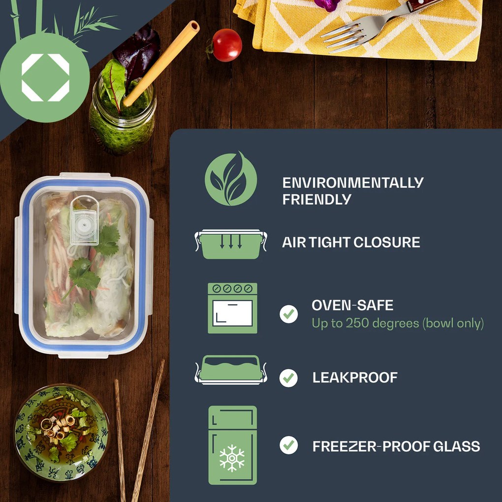 Klarstein Téglalap alakú üvegdobozok, 4 darabos készlet, 1520 ml, 1040 ml, 640 ml, 370 ml, fedéllel