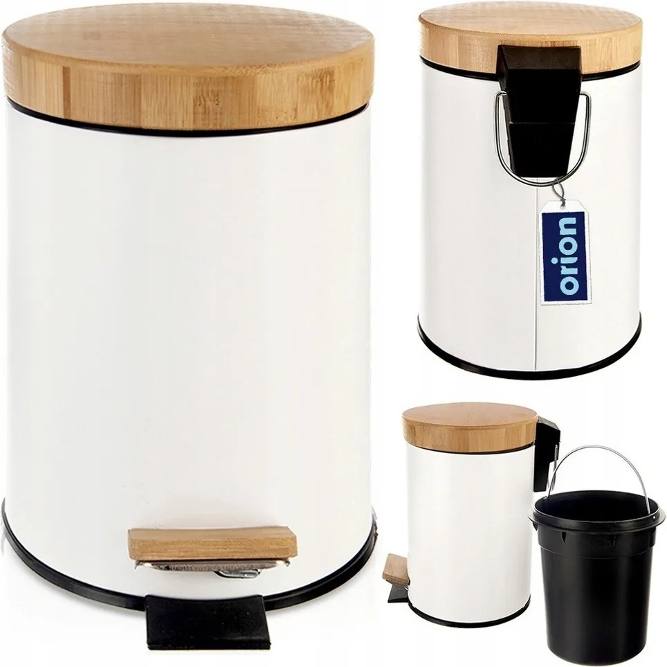 Fém szemetes kuka bambusz fedéllel, fehér, pedálos, vödörrel, fürdőszobai, 3 literes