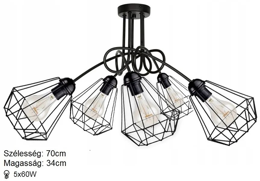 KÉSZLETKISÖPRÉS! Glimex Diamond drót búrás fix mennyezeti lámpa fekete 5x E27