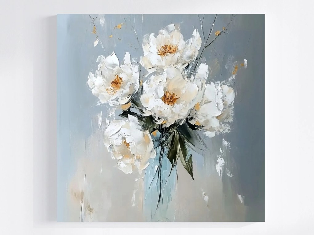 Vászonkép Canvas Olaj Impasto Virágok Fehér Bazsarózsa Csokor 80x80