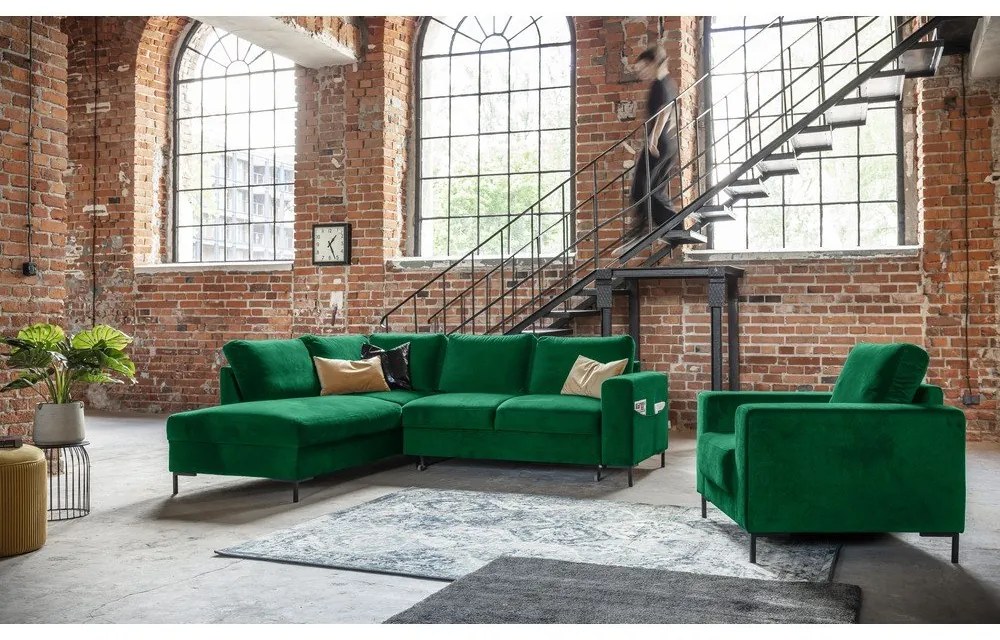 Sötétzöld bársony kinyitható sarokkanapé (bal oldali) Lofty Lilly – Miuform