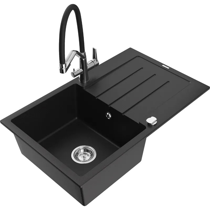 Mexen Bruno 1-medencés gránit mosogató csepegtetővel és Duo konyhai csappal, fekete - 6513-77-671701-07