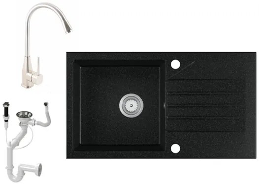 Gránit Mosogató EOS Evinion + magasított Inox-Line-3 csaptelep + dugókiemelő (fekete)