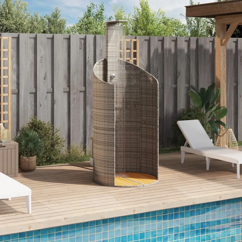 szürke polyrattan és akácfa kültéri zuhanyzó 100x100x241,5 cm