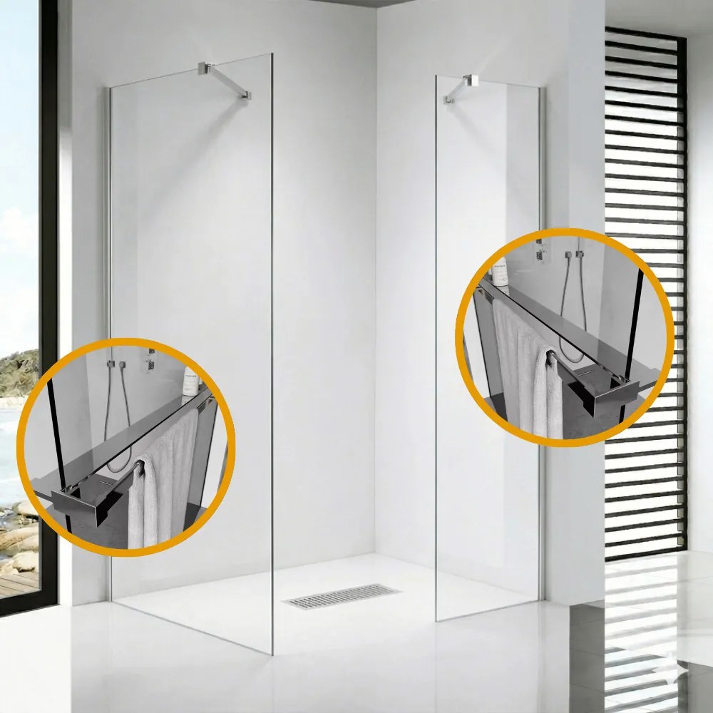 Stuxi Milano Easy Kombi Plus 2 Walk-in zuhanyfal, 100x80 cm, 8 mm vastag vízlepergető biztonsági üveggel, helytakarékos stabilizátorral, 2 polccal
