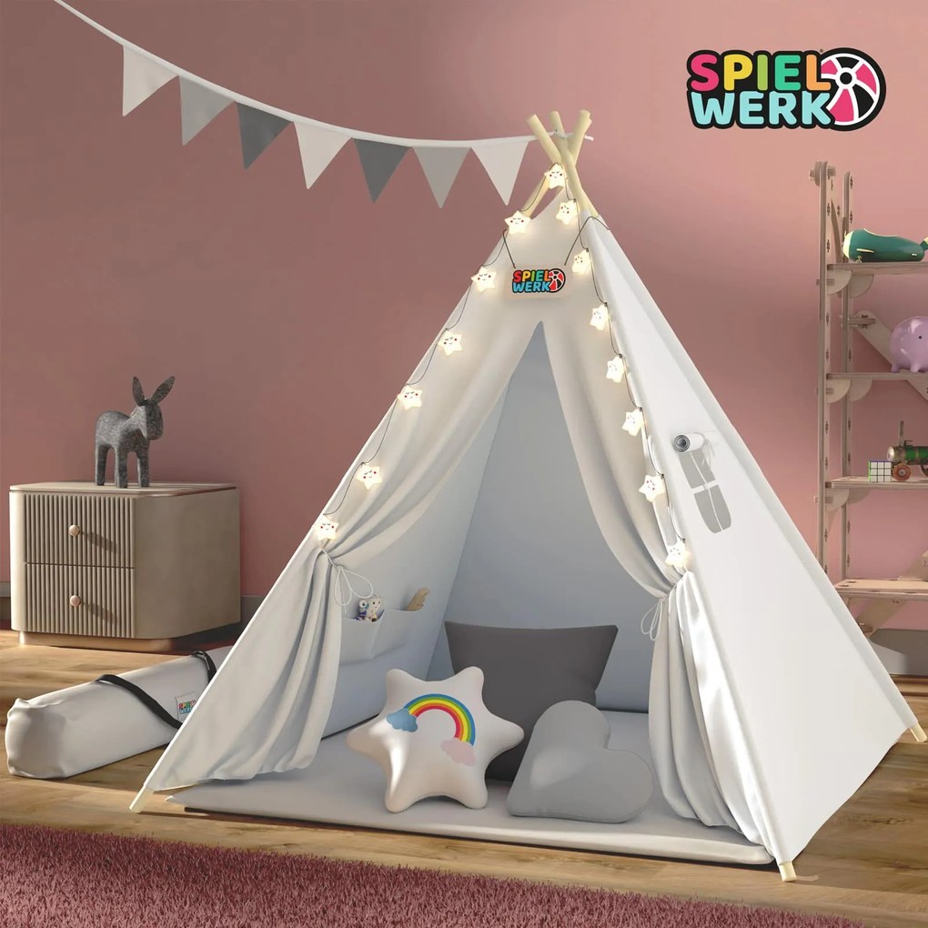 Spielwerk® Teepee gyereksátor 160x120x120cm - fehér