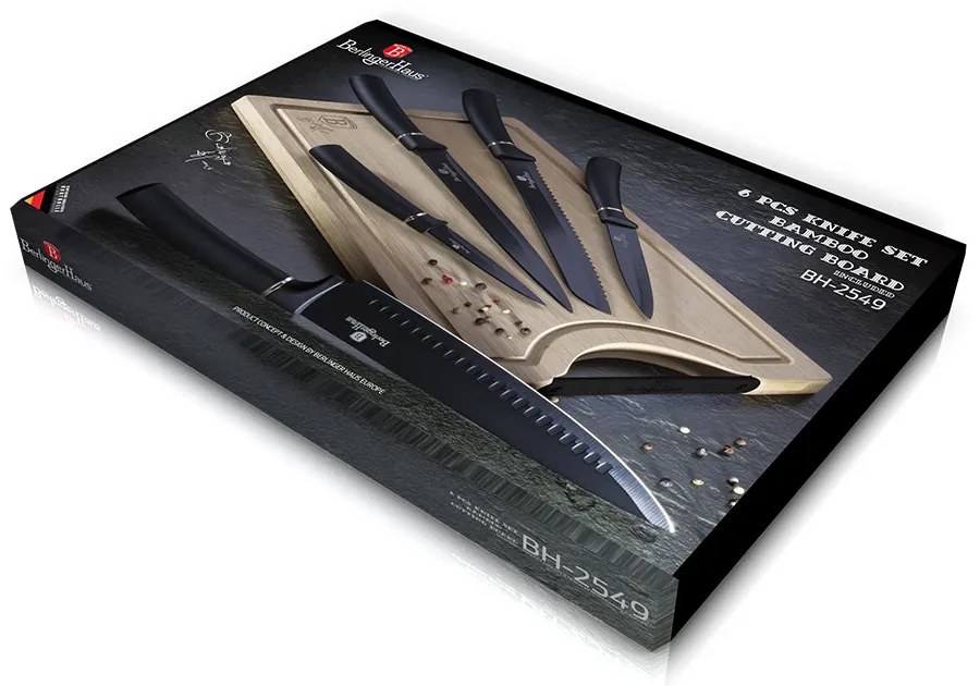 Matt fekete 6 részes rozsdamentes acél késkészlet bambusz vágódeszkával Berlinger Haus Matte Black