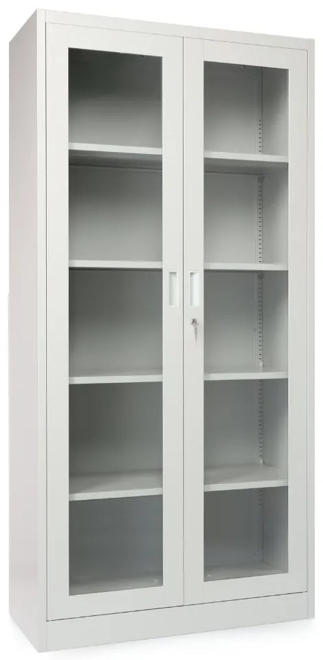 Univerzális fém szekrény üvegajtókkal, 90 x 40 x 185 cm, hengerzár, szürke - ral 7035