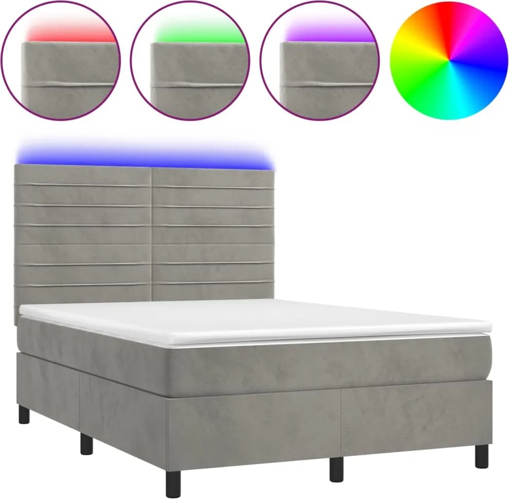 vidaXL világosszürke bársony rugós és LED-es ágy matraccal 140x200 cm