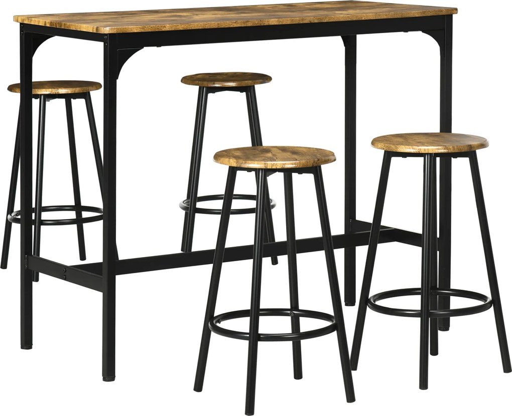 HOMCOM Bárasztal és Bárszék Szett, 5-Darabos Bárasztal Szett, Konyhai Asztal 4 Bárszékkel, Étkező Szett Ipari Dizájnban, Konyhához, Étkezőhöz, Fém, Ru