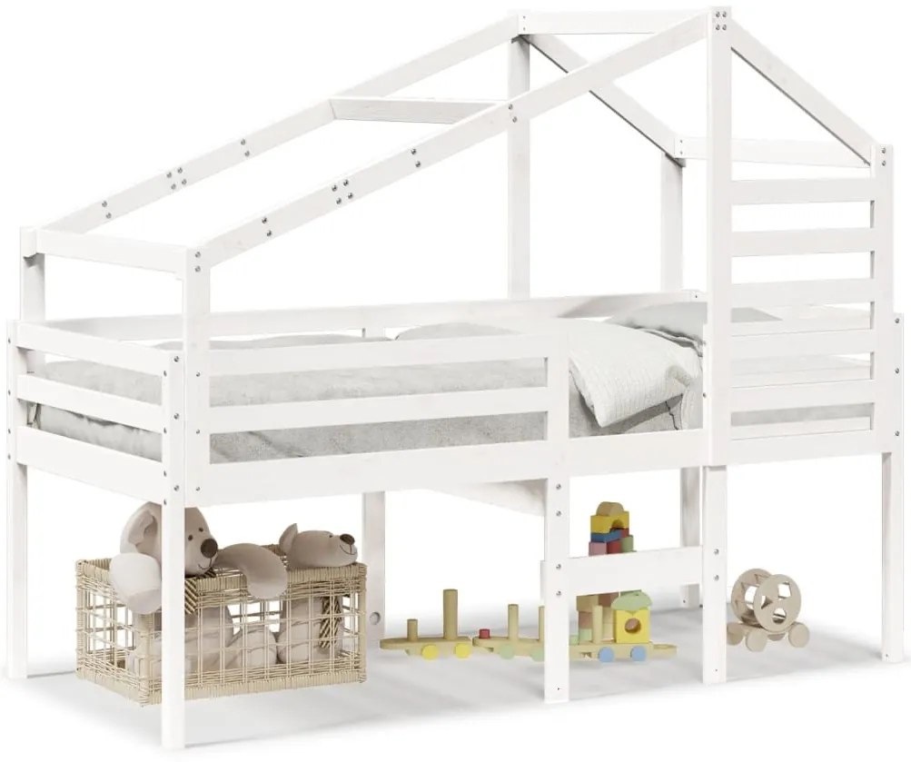 fehér tömör fenyőfa magasított ágy tetővel 75 x 190 cm