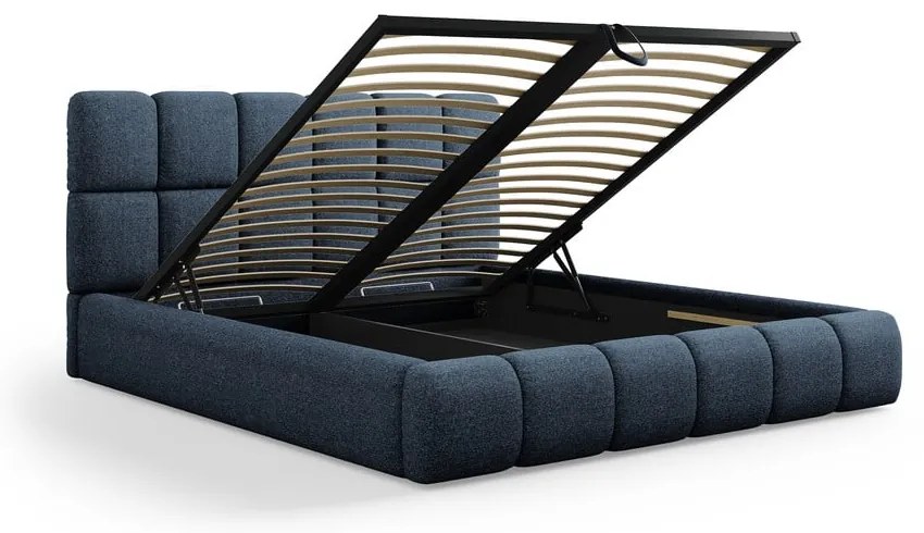 Sötétkék kárpitozott franciaágy tárolóhellyel, ágyráccsal 200x200 cm Bellis – Micadoni Home