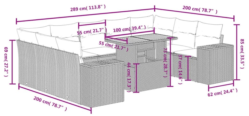 10 részes fekete polyrattan kerti ülőgarnitúra párnákkal