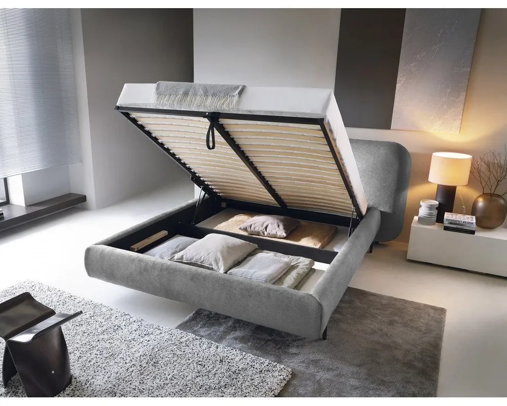 Szürke kárpitozott ágyneműtartós franciaágy ágyráccsal 140x200 cm Pointt – ELTAP