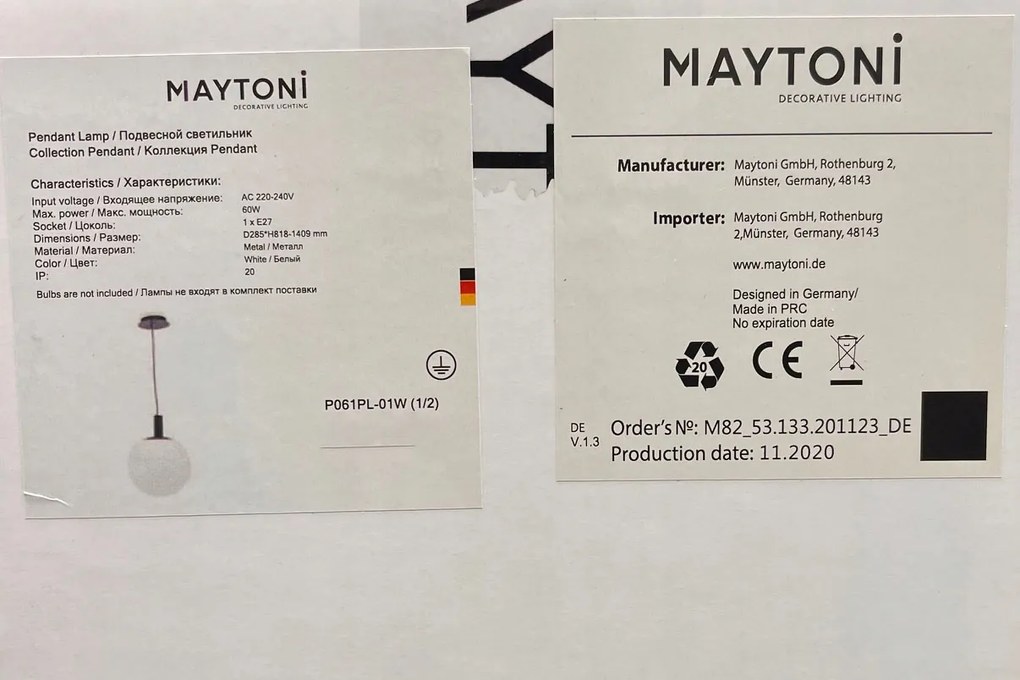 Modern E27 Függőlámpa P061PL-01W Fehér Maytoni