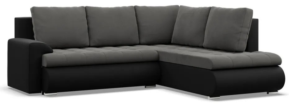 Tokio sarokkanapé, L alakú háttámlával, 2 ágyneműtartóval, bársony + műbőr, jobboldali, szürke - fekete
