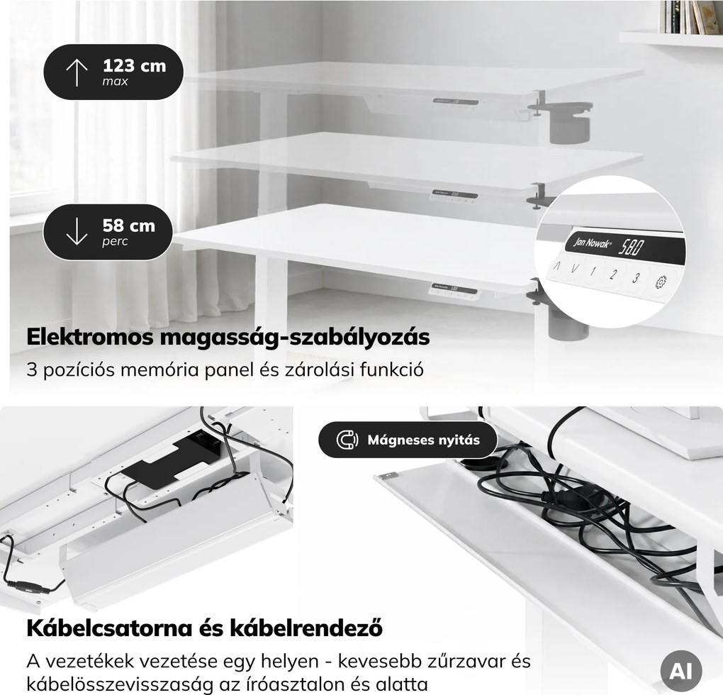 Elektromos, állítható magasságú, ergonomikus, fehér íróasztal,1200x600 mm: ARIA
