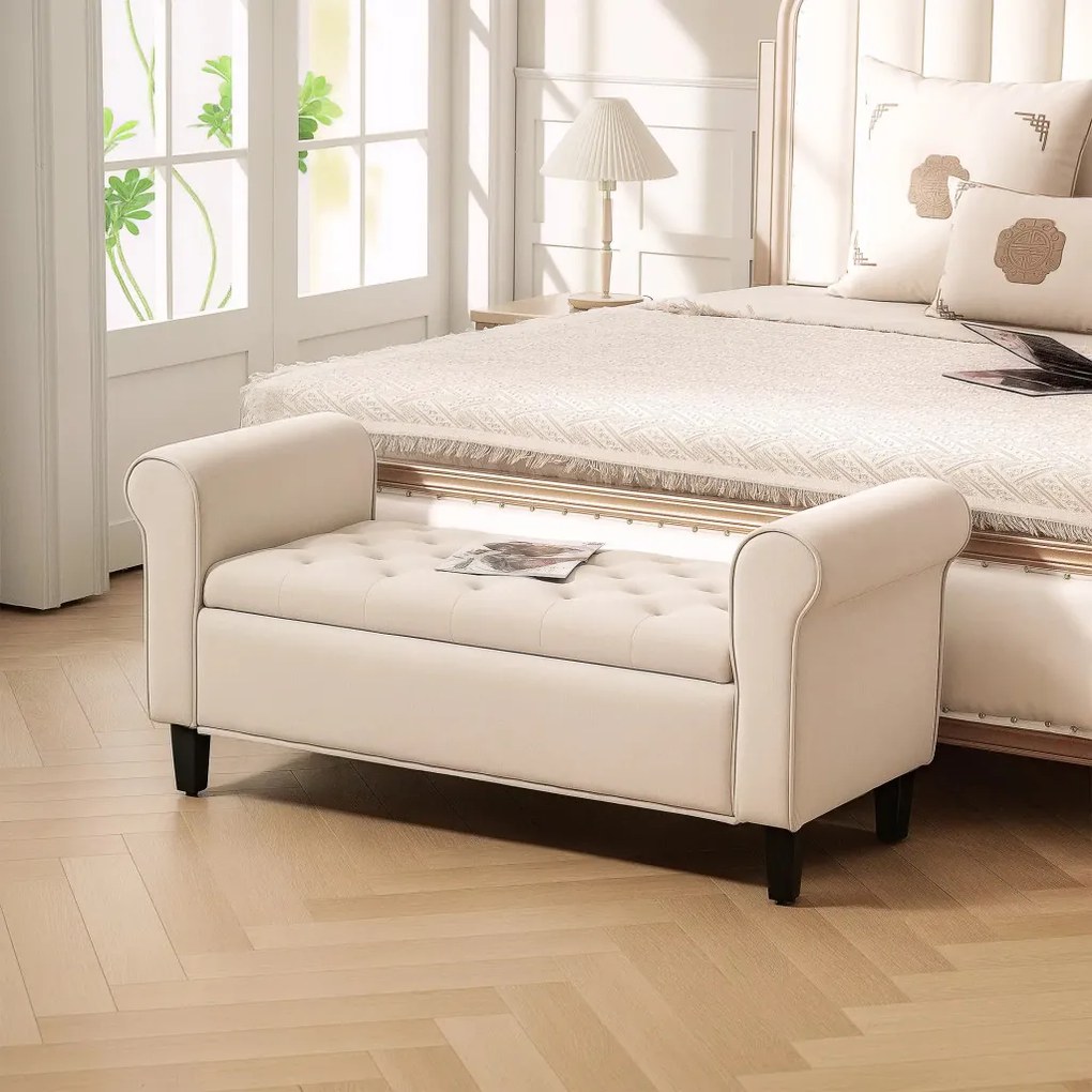HOMCOM Kárpitozott pad, ágypad, gombbal tűzött, bársonyhatású, 126 cm x 48,5 x 57 cm, bézs