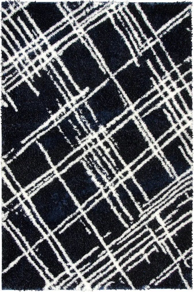 160x220 cm Boho Shaggy Szőnyeg Rombusz Vonalak Sötétkék Nappaliba