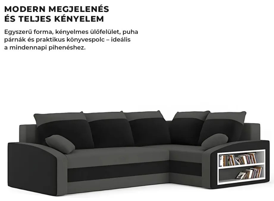 Grande sarokkanapé polcokkal , polc a jobb karfaban, jobboldali, szövet anyag, hab töltet, szürke - fekete