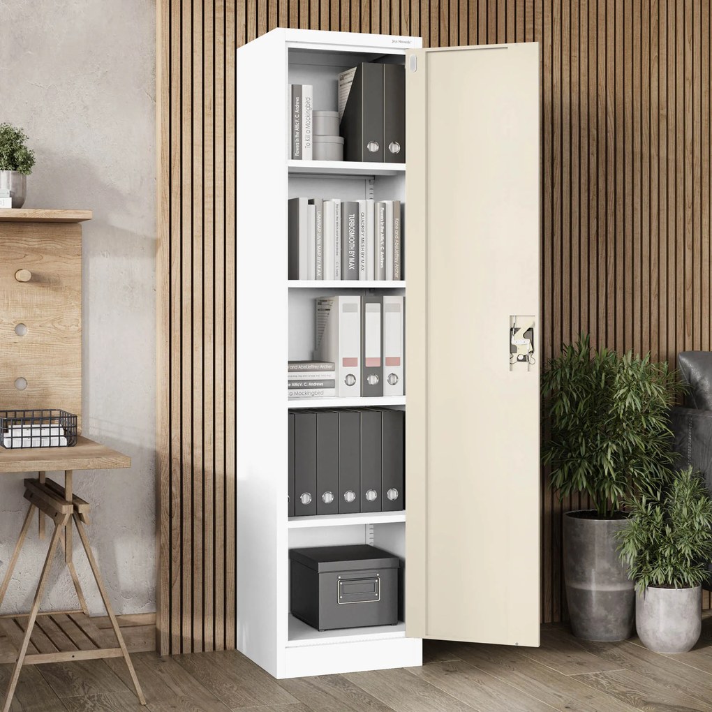 Fém irodai iratszekrény, fehér/sonoma tölgy, 450x1850x400 mm: ALEX Eco Design