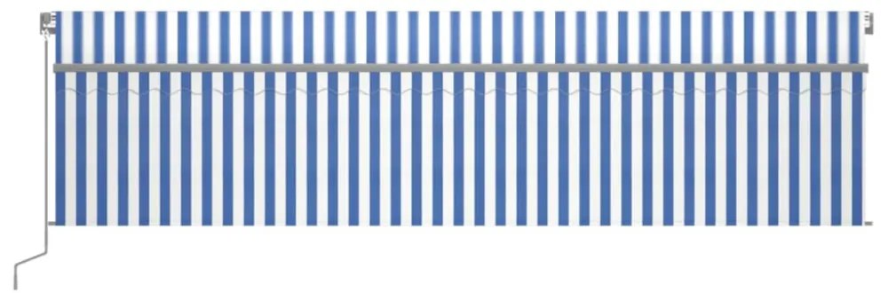 kék és fehér redőnyös, szélérzékelős, LED-es napellenző 6x3 m