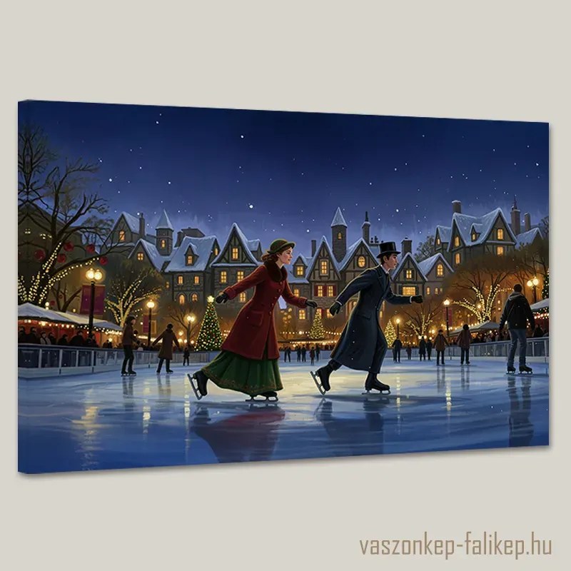 Korcsolyázás a műjégpályán vászonkép – Téli városi hangulat 60x40 cm