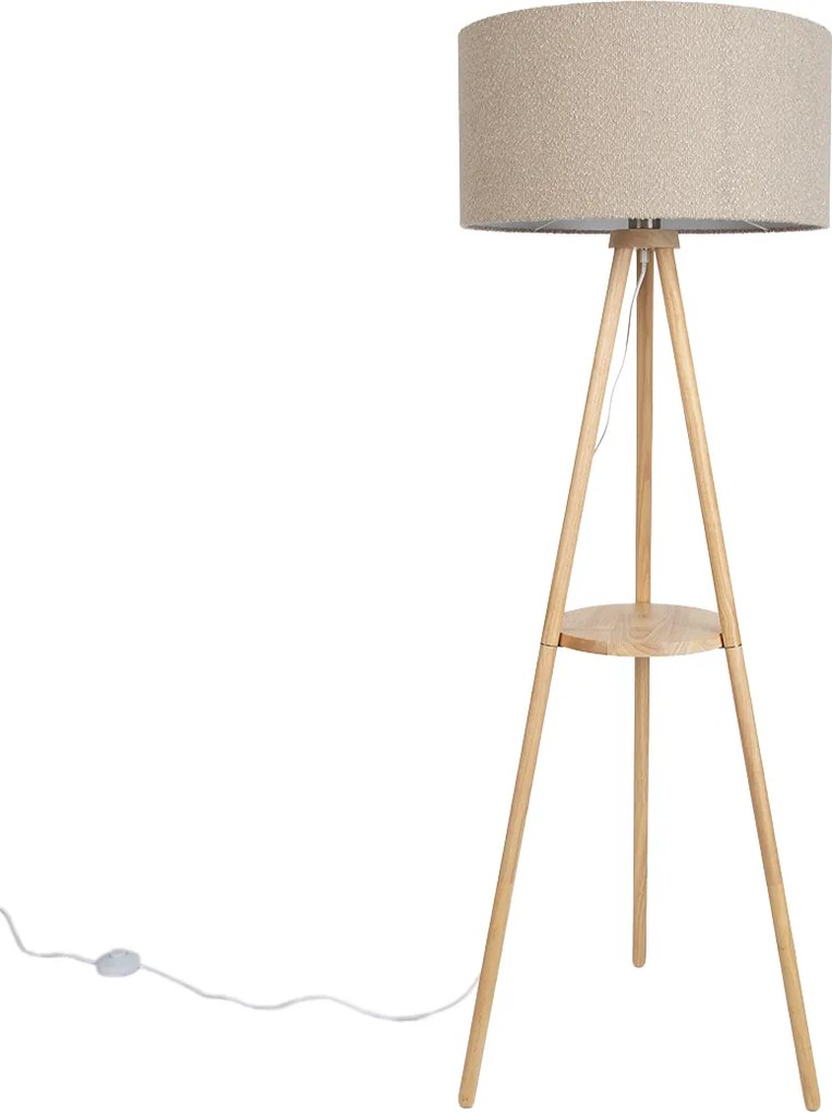 Vloerlamp tripod hout met beige teddy stoffen kap 50cm - Lou