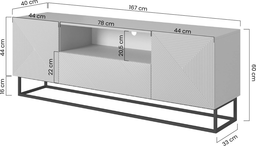Asha TV szekrény, fiókkal és fekete fém kerettel - 167 cm - kasmír