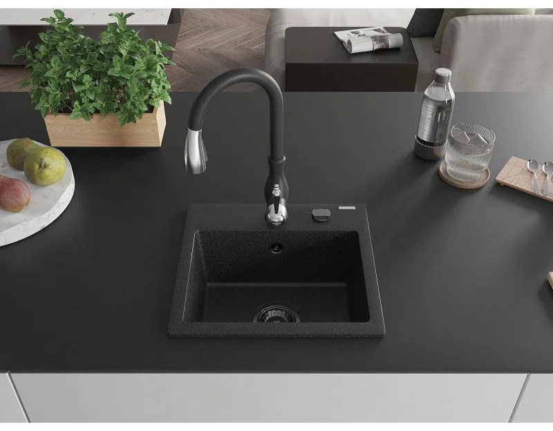 Mexen Milo, 1 kamrás gránit mosogató 435x410x171 mm és Savita mosogató csaptelep, fekete-ezüst metál, 6505-73-672601-70-B