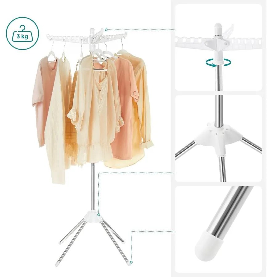 SONGMICS ruhaszárító, 3 forgatható kar vállfáknak fehér és ezüst színben