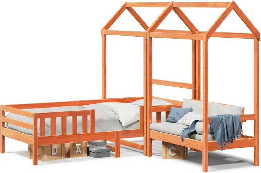 vidaXL viaszbarna tömör fenyőfa ágy és pad szett tetővel 90 x 190 cm